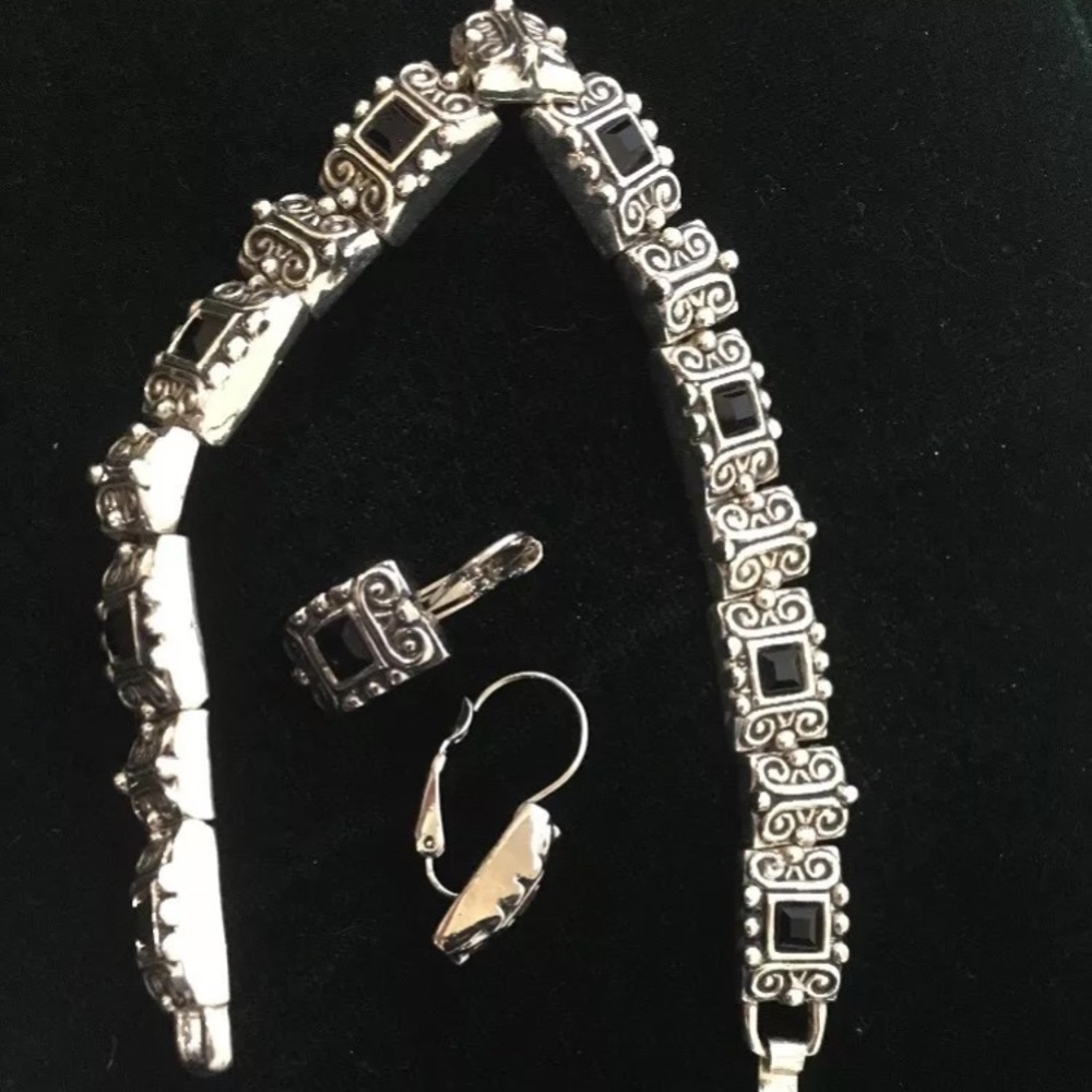 Bracelet & Earrings Set Silver Metal & Black Rectangular Square Link 7.5"
